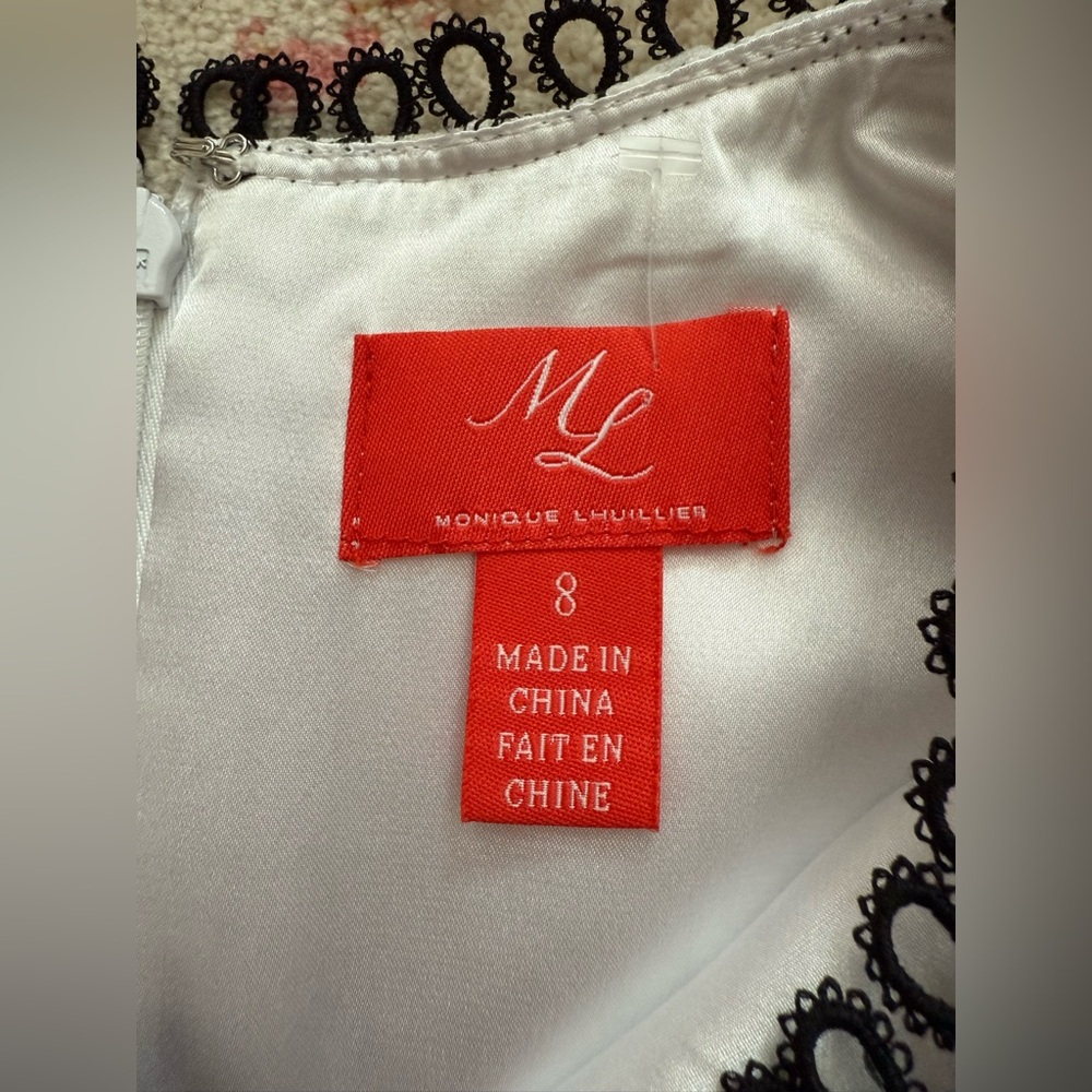 Monique Lhuillier A-Line Cocktail Dress, White/Black, Floral Women's 8 - Picture 5 of 16